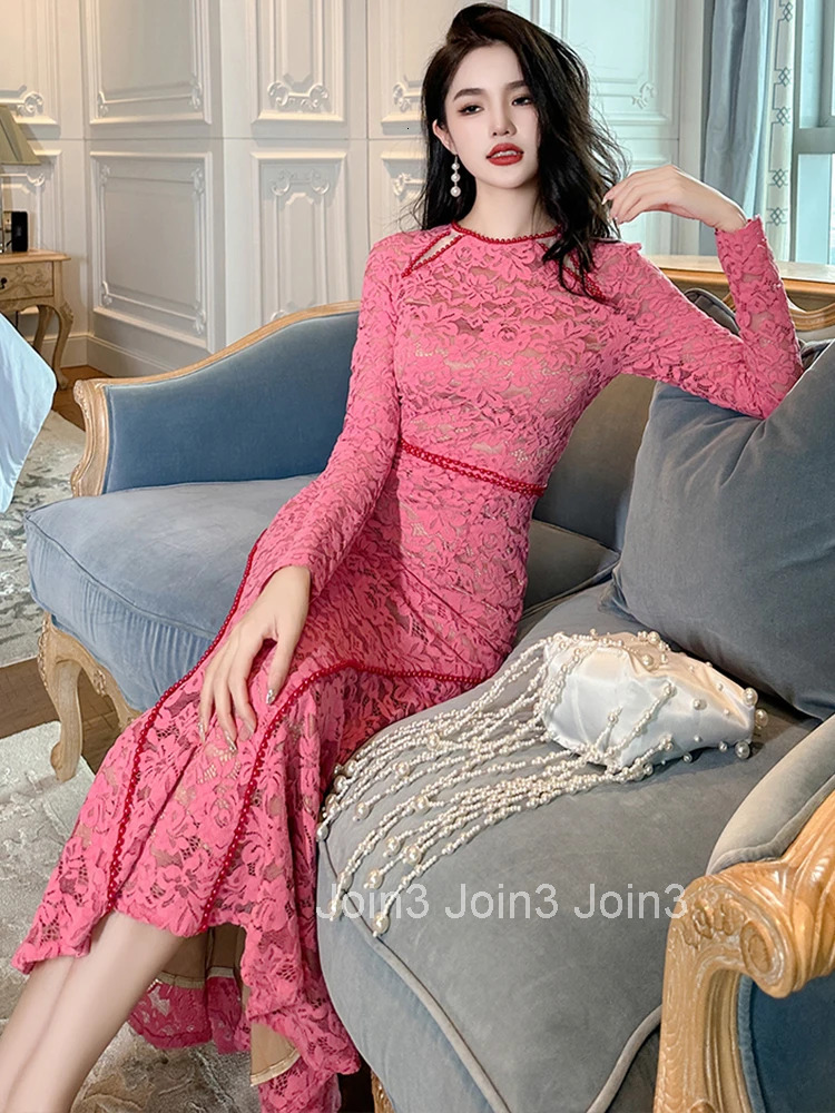 Spring Autumn Lace Long Dresses Women Clothes Ladies Mujer Elegant Luxury O-Neck Slim Maxi Dress Party Prom Vestidos Robe Femme