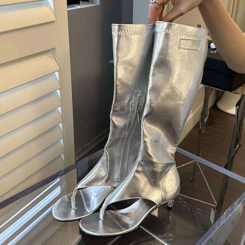 Eilyken Designer Clip Toe Low Heels Knee High Boot Sandals Woman Fashion Zipper Banquet Summer Shoes Flip Flops Botas Mujer