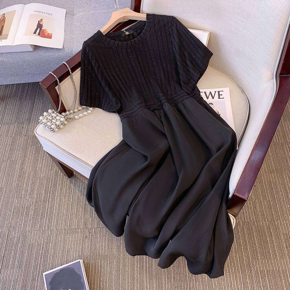 Plus Size Women's Summer Casual Dress Black Patchwork Design Skirt Loose Comfortable Breathable Fashion Commuter