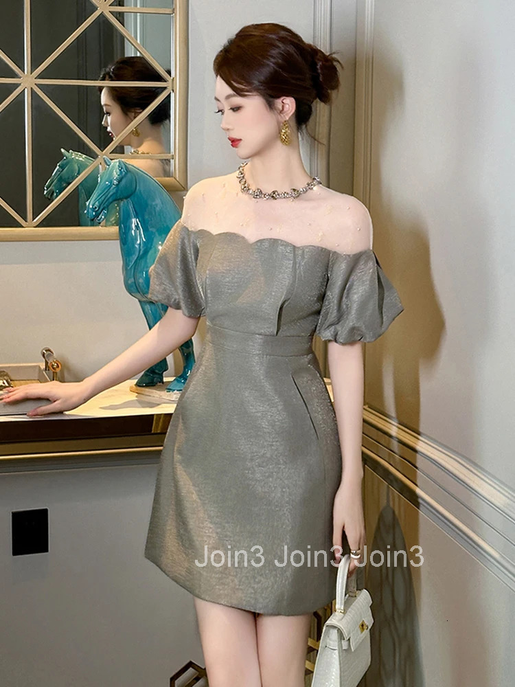 Summer Elegant Luxury Gown Evening Dress Women Clothes Mesh Splic Sheer Sexy Puff Sleeve Slim A-Line Short Party Prom Vestidos