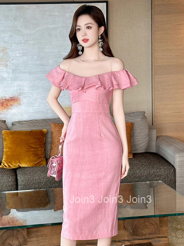 Women Clothes Sweet Formal Occasion Mesh Sheer Sexy O-Neck Ruffle Slim Midi Pencil Dress Elegant Party Prom Vestidos Casual New