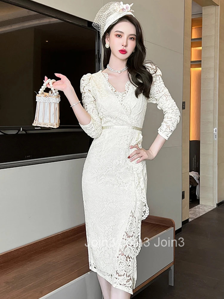 Fashion Korean Style Women Vintage Sexy Lace Ruffle Midi Party Dress Elegant Temperament Coffee Break Asymmetrical Female Dress