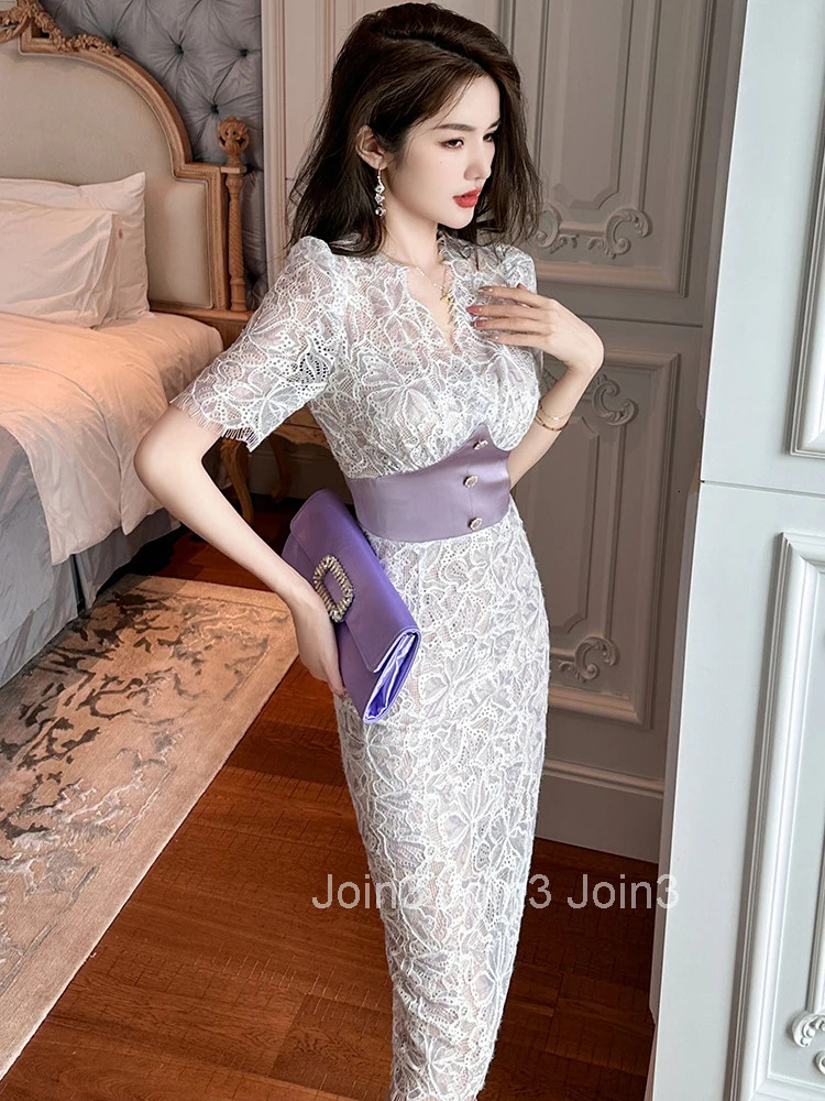 New Summer Elegant Women Evening Dress Temperament Lace Sheer Sexy V-Neck Corset Slim Midi Party Club Prom Femme Mujer Vestidos