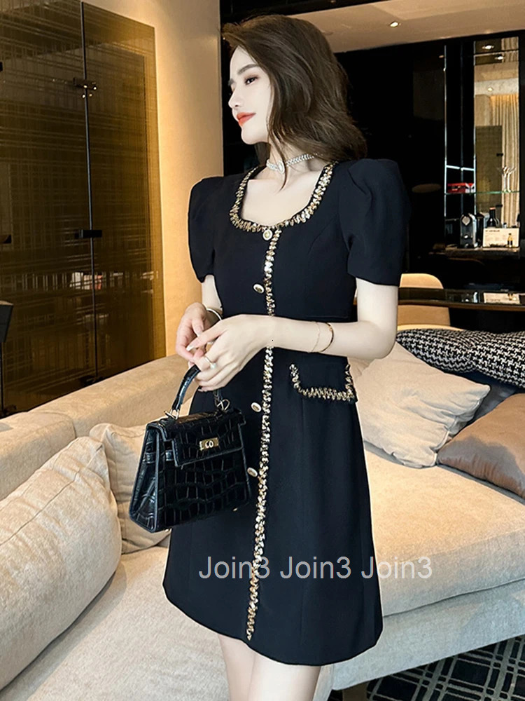 Fashion Summer Black Short A-line Dress Women Ladies Clothing Pretty Elegant Luxury Chic Square Collar Slim Mini Mujer Vestidos