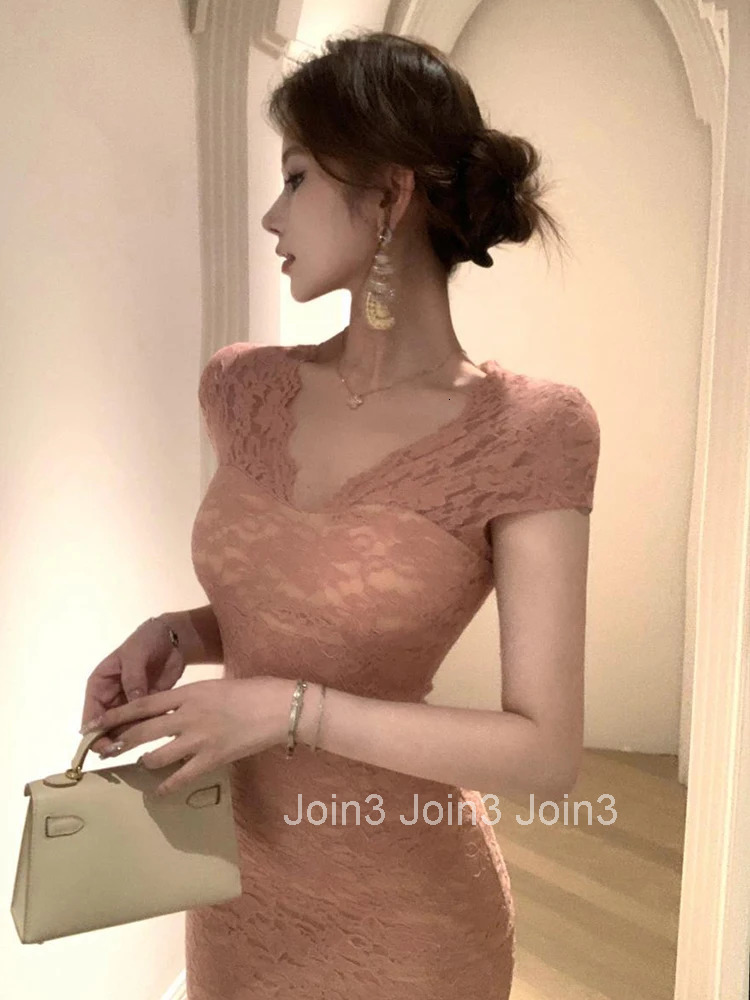 French Gentle Party Dress Women Sweet Elegant Pink Sheer See Through Lace Boydocn Fishtail Robe Female Prom Street Vestido Mujer