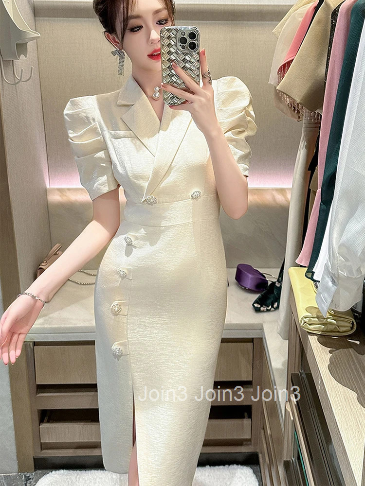 New Summer Fashion Formal Occasion Blazer Pencil Dress Women Clothes Elegant Office Vintage Puff Sleeve Slim Slit Midi Vestidos