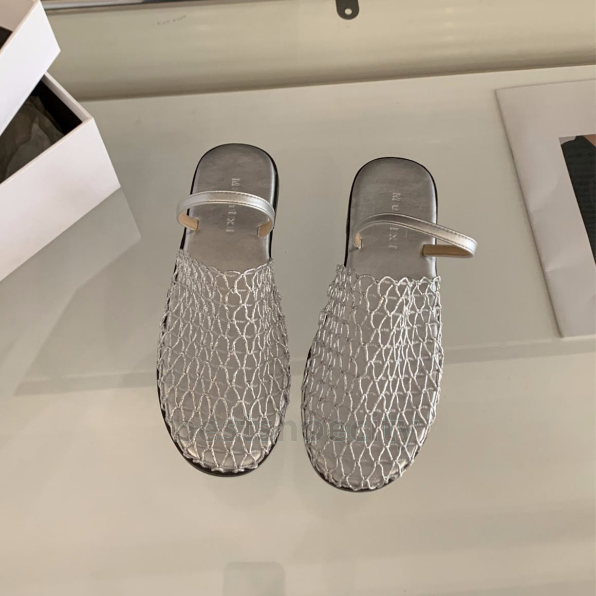 designer sandals summer slides hollow out mesh slippers fishnet women shoes crochet net flats heels sandal fashion simple sandale mules