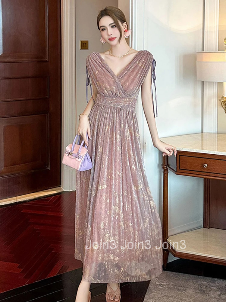 Summer Fashion Sparkly Bright Silk Evening Dress Women Clothing Pink Sweet Sexy Deep V-Neck Slim Party Prom Robe Vestidos Fiesta