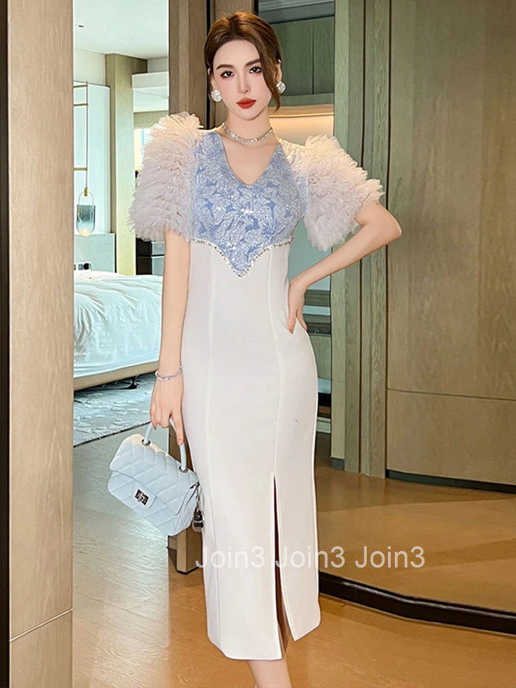 New Summer Fashion Sweet Evening Runway Dress Women Clothes Mujer Elegant Luxury V-Neck Slim Midi Party Birthday Gown Vestidos