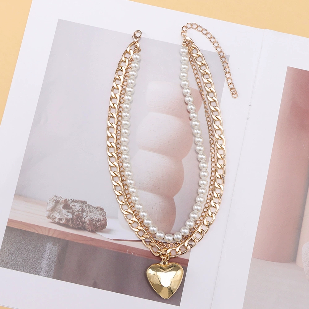 Chic Shimmering Heart Charm with Layered Pearl Beads - Intricate Metal Link Neckpiece