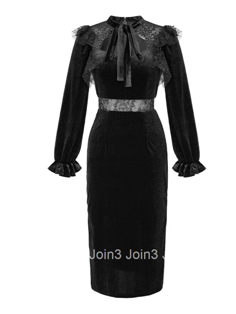 New Fashion Ladies Black Velvet Stretchy Dresses Women Mujer Chic Elegant Sweet Sexy Hollow Skinny Party Prom Dress Robe Vestido