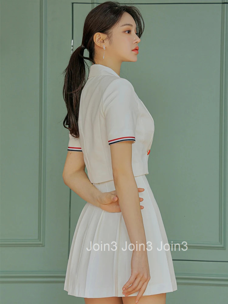 New Summer 2 Pieces Outfit Suits Women Temperament Formal Short Cropped Tops Coat Blazer Suit High Waist Pleated Mini Skirt Sets