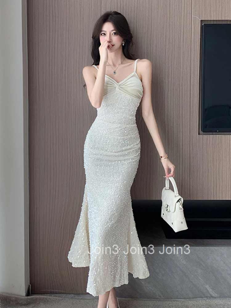 Elegant Evening Party Dress Women White Black Shiny Bright Sequin Strap Skinny Fishtail Robe Female Birthday Banquet Vestidos