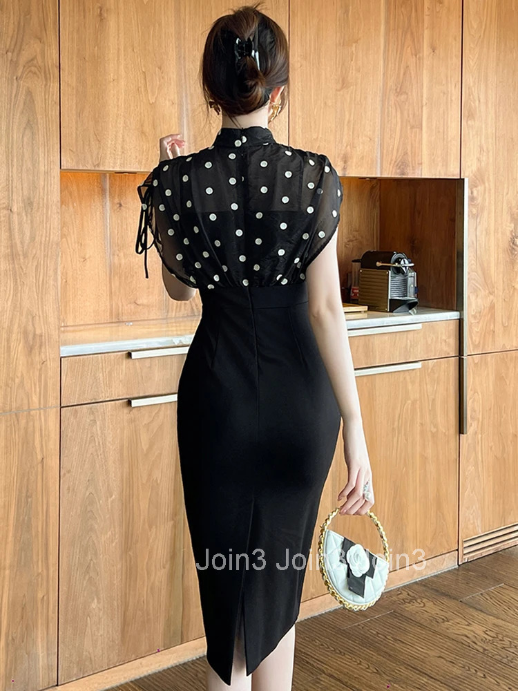 Women Clothes Fake 2-Piece Vintage Black Dot Print Short Sleeve Slim Pencil Dress Elegant Commute Formal Occasion Vestido Casual