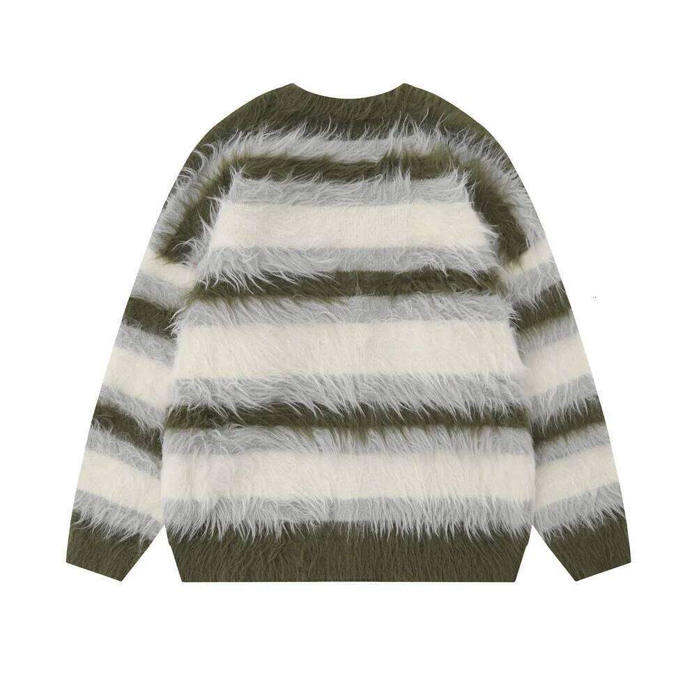 Striped Plush V-neck Sweater Men's Loose Casual Brushed Knit Trendy Couple Versatile Comfortable Haruku High Street Cardigan