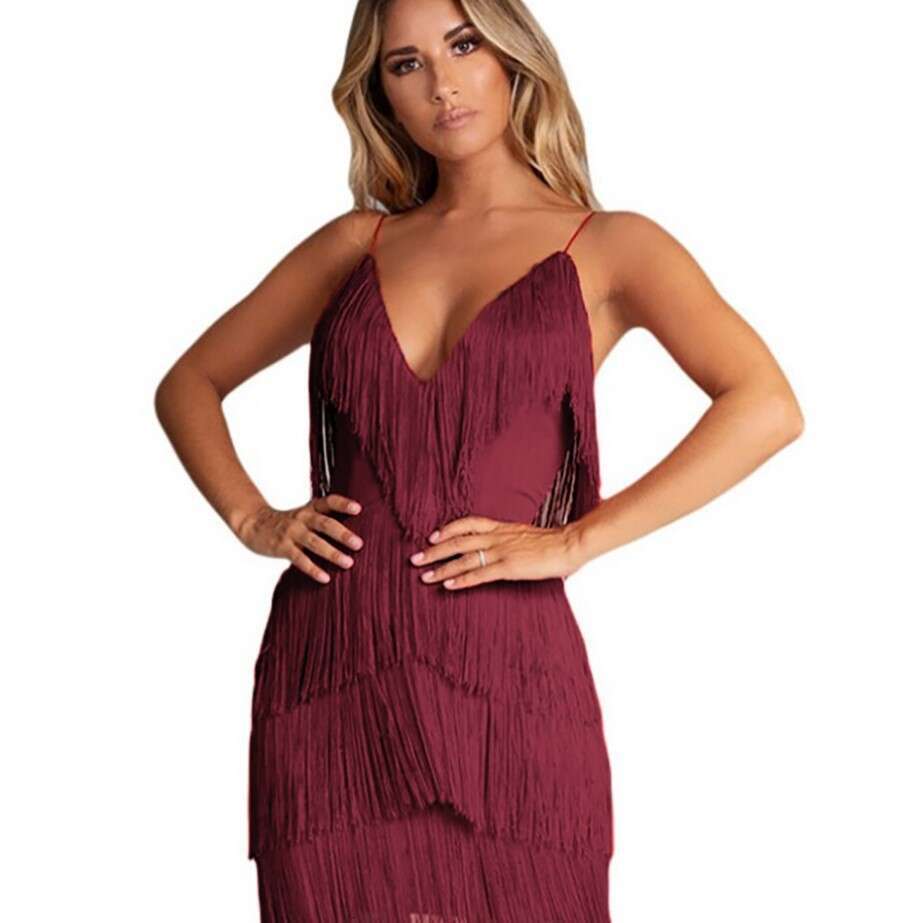 New Style European and American Sexy Outfit with Tassel Patchwork Backless Deep V-neck Dress
