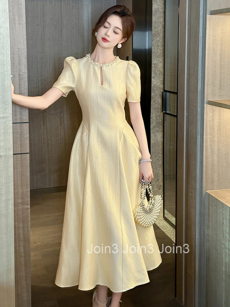 Summer Fashion Elegant Solid Vacation Evening Dress Women Clothes Pearl Hollow O-Neck Slim Midi Robe Party Prom Vestidos Fiesta