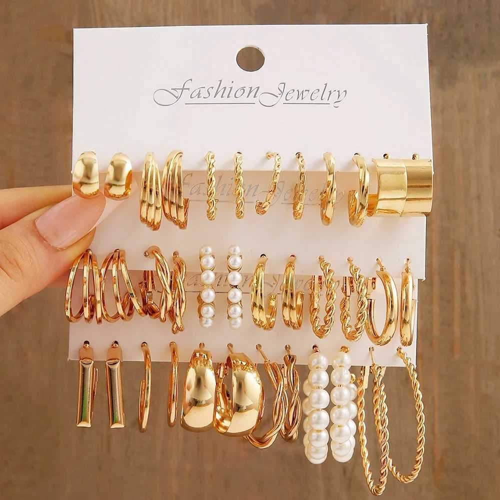 Boho Big Circle Hoop Earring Set for Women Gold Color Bohemia Vintage Pearl Earring Heart Zircon Ear Studs Jewelry Gifts XJ250623