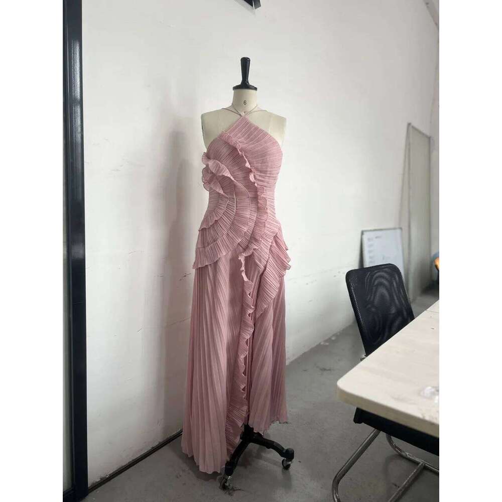 Elegant Neck Strap Ruffles Evening Gown Solid Folds A Line Lace Up Backless Sexy Dress 2025 New Party Vacation Y2k Robe