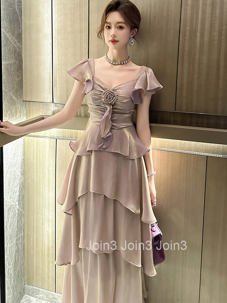 New Sweet Ruffle Square Collar Gown Evening Dress Women Vacation Clothes Short Sleeve A-Line Maxi Long Robe Party Prom Vestidos