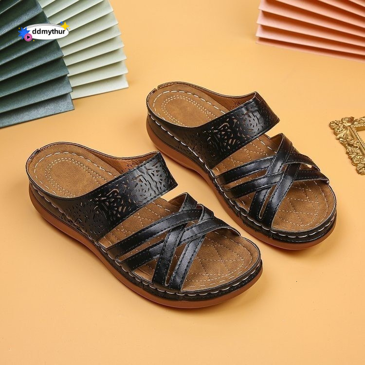 2023 Summer New Women's Shoes One-Strap Wedge Thick Sole Stitched Hollow Large Size Mom Sandals Slippers ddmythur