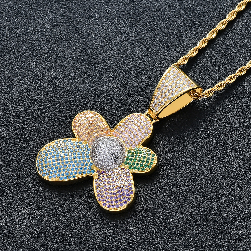 Luxury Moissanite Necklace Hip Hop Pendant Colorful Flower Iced Out Pendant High Quality Full Diamond Hip Hop Jewelry Pass the diamond tester