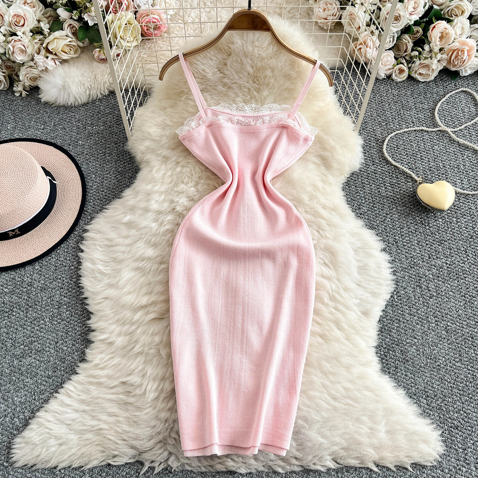2025 Summer Women Sweet Sexy Sleeveless Bodycon Knitted Strap Dress Lace Patchwork Solid Color Elastic Slim 250616