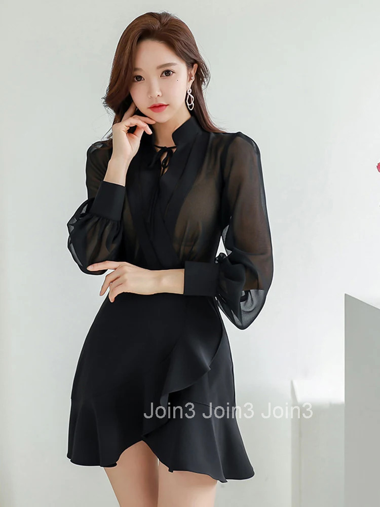 New Arrival Chiffon Perspective Mini Mermaid Dress Temperamental Black High Quality Work Style Cute Sexy Trumpet Dress