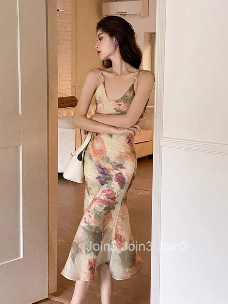 Summer Long One Piece Dress For Women Elegant Floral Sexy Strap Backless Slim Midi Party Beach Robe Femme Mujer Vestidos Street