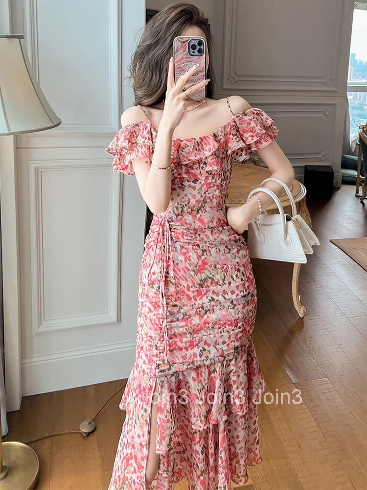 Fashion Summer Print Long Dress Women Ladies Clothes Elegant Pretty Chiffon Sexy Strap Slim Slit Midi Party Beach Mujer Vestidos