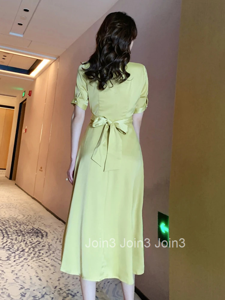 New Arrival Fashion Party Dress Women Elegant Summer V-neck Vintage Puff Sleeve Temperament OL Simple Solid Slim A-line Dress