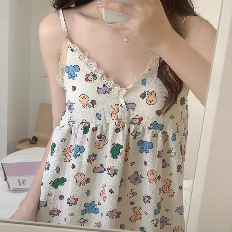 2025 women's models spring and summer sweet ins style halter mid-length loose nightgown female home dressred Patrick Spaghetti Straps hot-sale pr