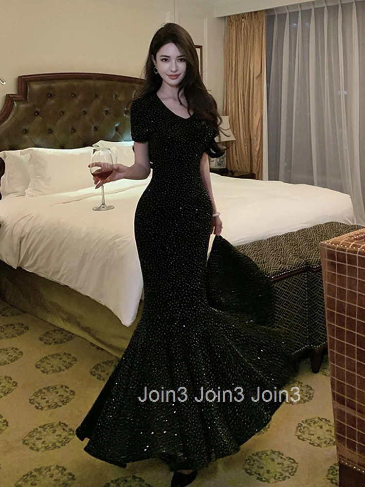 Women Clothes Black Sparkly O-Neck Short Sleeve Skinny Maxi Long Dress Elegant Luxury Fashion Party Prom Vestidos Robe Fashion