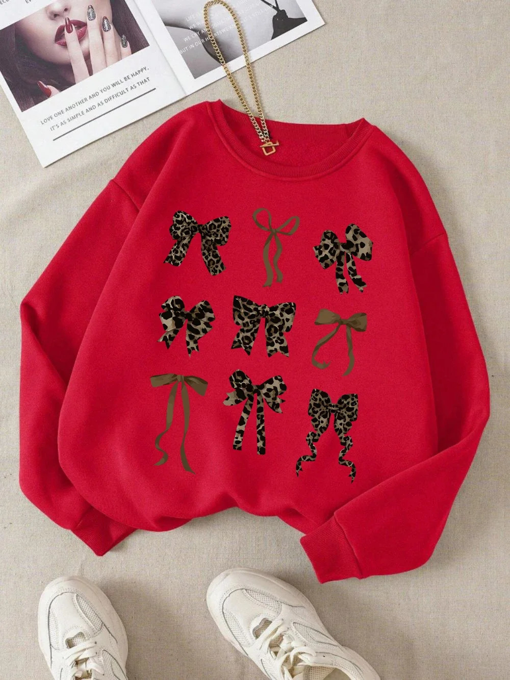 Retro Leopard Print Bow Printed Women Hoodies All-Match Comics Hoody Fleece Casual Clothes Street Hip Hop Pullover Woman 250617