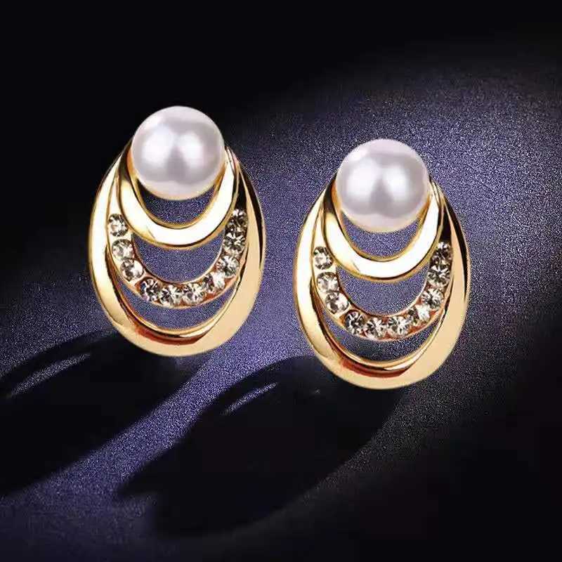 Korean Design Crystal Imitation Pearl Stud Earrings For Women Elegant Multi-layer Circles Gold Color Fashion Jewelry XJ250623