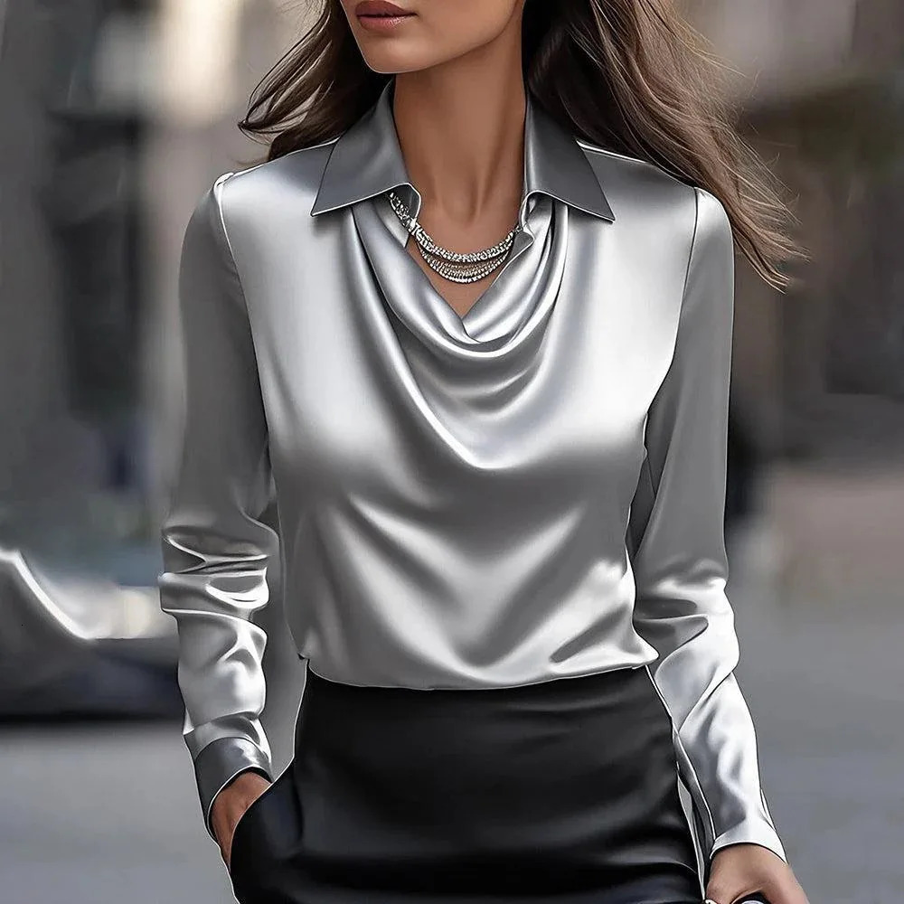 Elegant Solid Satin Office Ladies Top Woman Swing Collar Draped Shirts Blouses Pullover Spring Long Sleeve Casual Blusas Mujer 250617