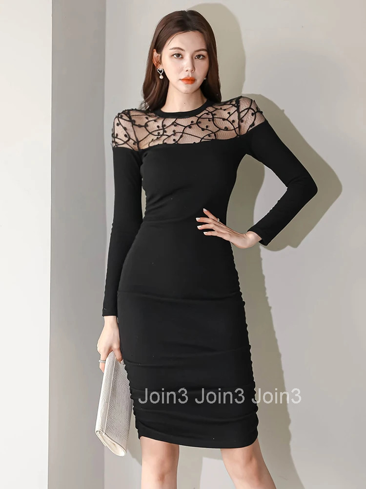 Spring Autumn Elegant Women Evening Dress Temperament Mesh Sheer Sexy O-Neck Slim Midi Party Street Clothes Femme Mujer Vestidos