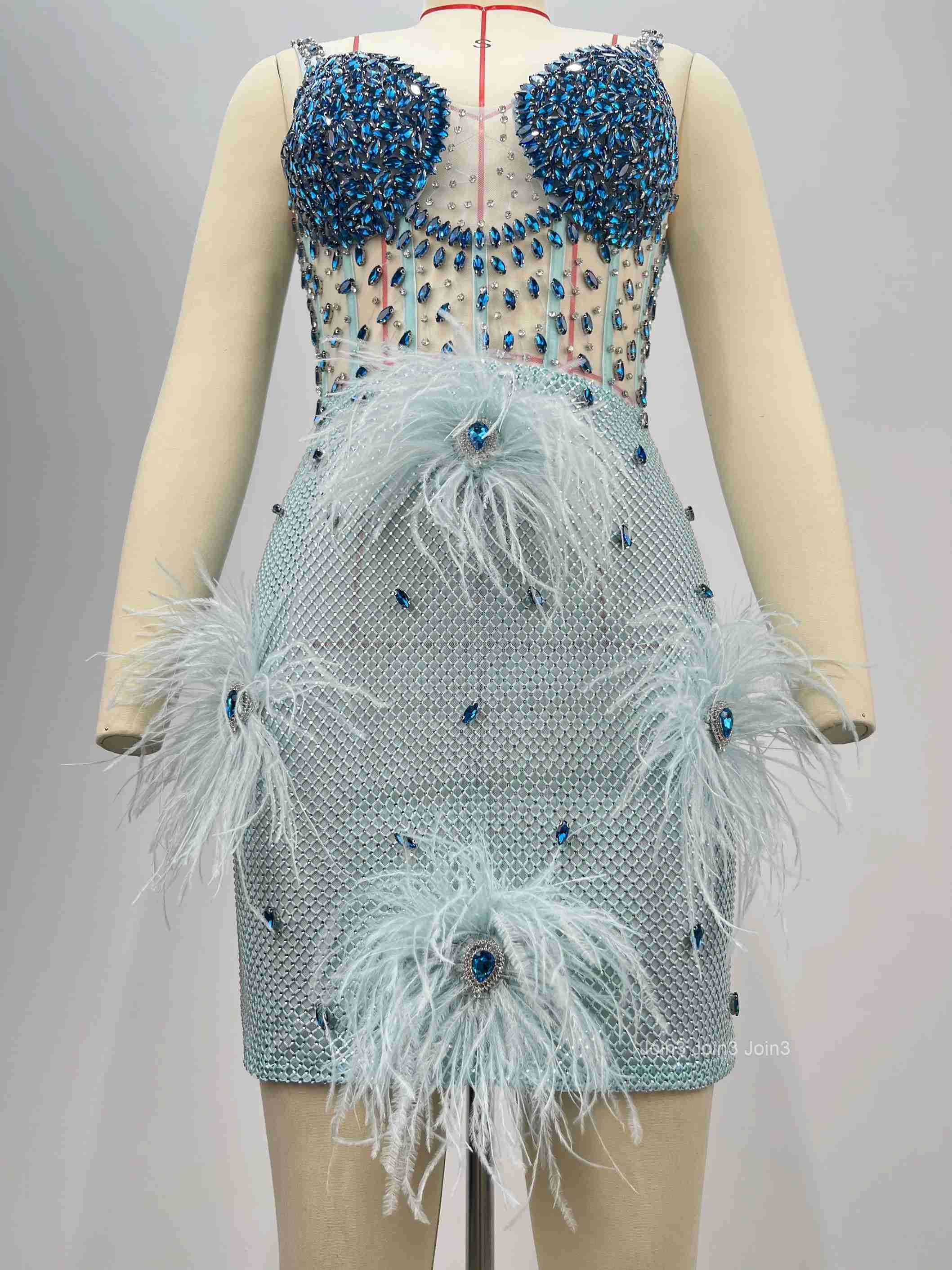 Sapphire Blue Sequin Evening Gown Feather Trim Bandage Dress Mesh Skirt Thin Straps Back Zipper Formal Party Dress