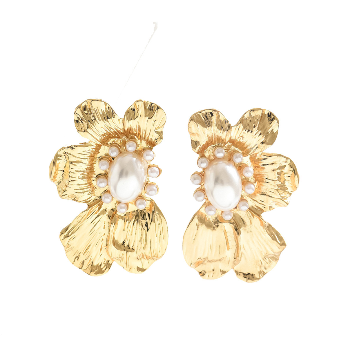 Metal Flower Inlaid Pearl Design Earrings for Women High-end Stud Trendy Ear Jewelry