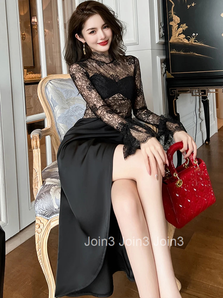 Spring Autumn Lace Fashion Women Evening Dress Chic Black Sheer Sexy Flare Sleeve Slim Midi Party Club Robe Femme Mujer Vestidos