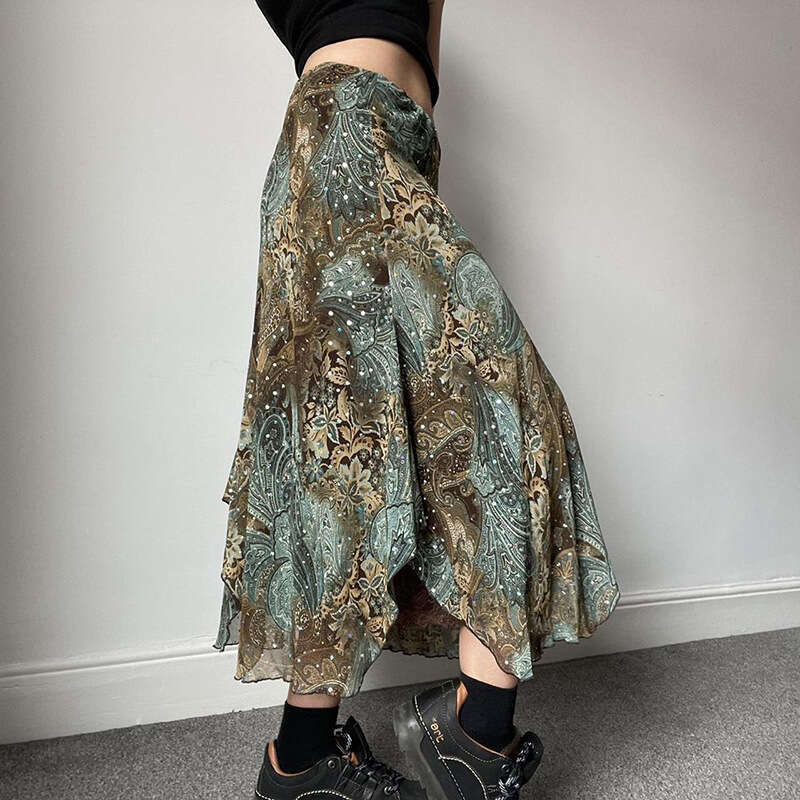 Women's American Style Color Block Irregular Double Layer Patchwork Design Long Skirt B5