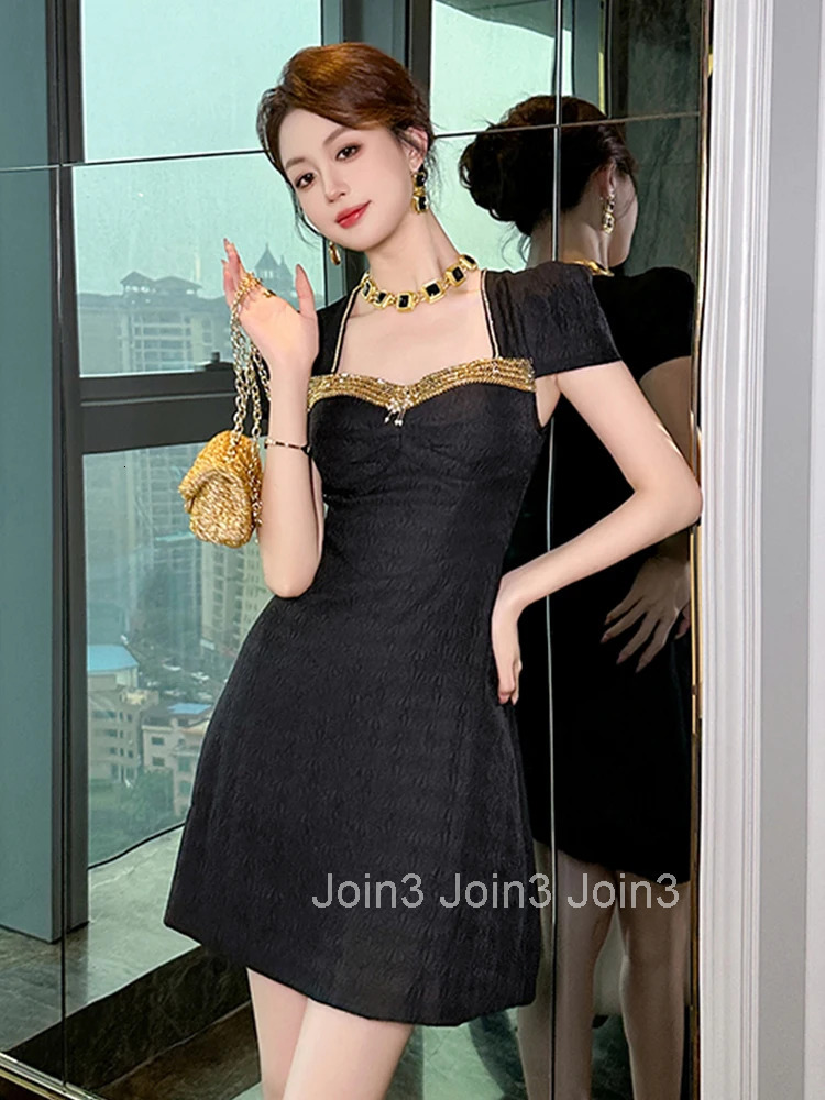Summer Black Square Collar Gown Evening Dress Women Clothes Elegant Retro Puff Sleeve Slim A-Line Short Party Club Prom Vestidos