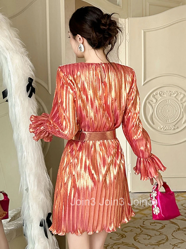 Fashion Lady Sweet Vintage Sparkly Evening Short Dress Women Clothes Elegant Luxury Sexy O-Neck Belt Party Prom Vestido Stretchy