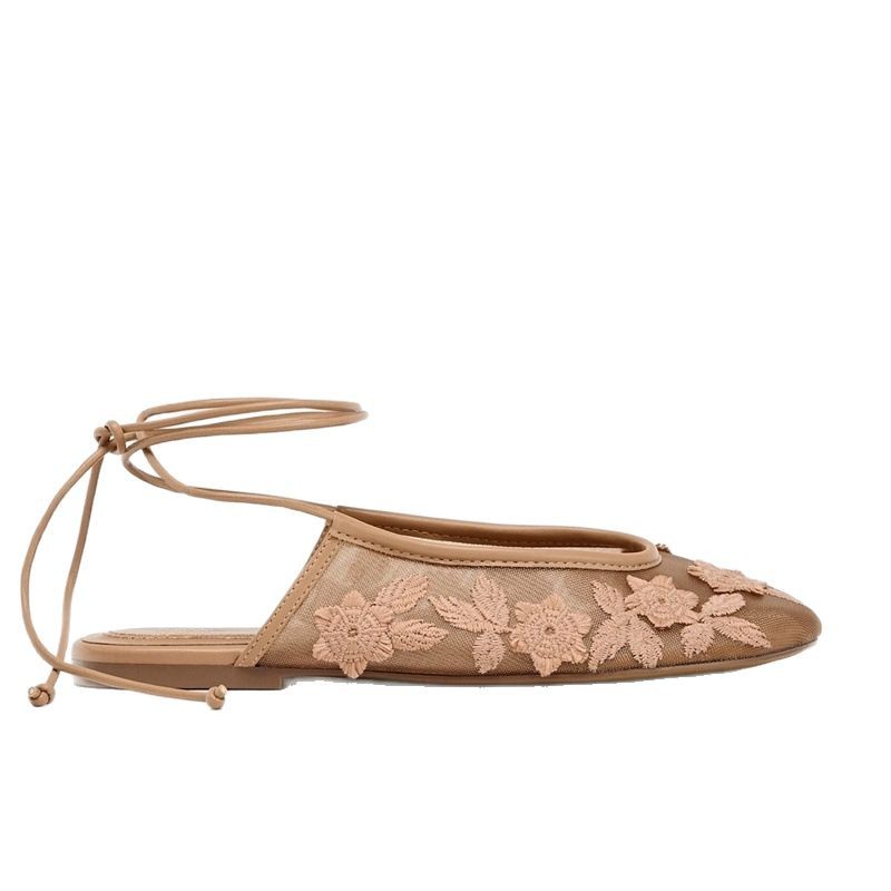 Designer Stylish Fashion Ballet Flat Embroidery Lace Up Shoes Woman Mesh Hollow Outs Mary Jane Shoes Loafers Beach Walking Shoes Women Sandals