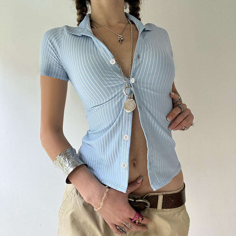 American Commuter Style Turn-Down Collar Striped Shirt Short Sleeve Basic Urban Chic Women's Slim Fit Button-Up Cardigan B5