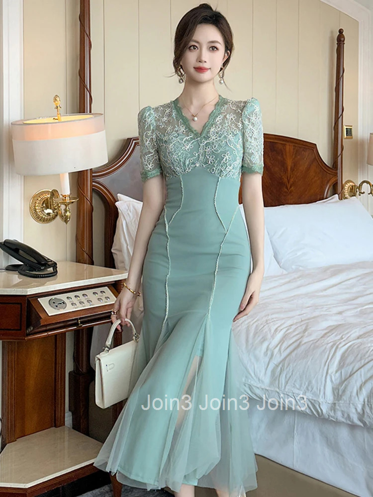 Women Clothes Sweet Lace Floral Short Sleeve Slim Midi Fishtail Dress Fashion Party Prom Vestidos Formal Occasion Casual Summer