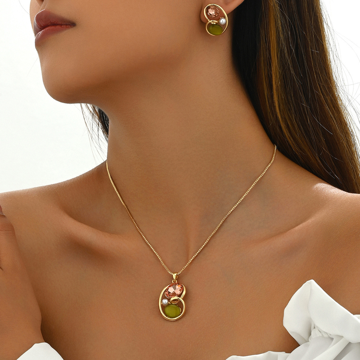 Forest Korean Version Clege Style And Necklace Set Inlaid Long Clavicle Chain Women's Earrings