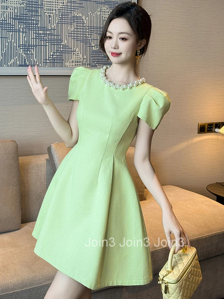 Women Clothes Sweet Pearl Puff Sleeve Slim A-Line Mini Short Dress Elegant Luxury Fashion Evening Party Prom Vestidos Casual New