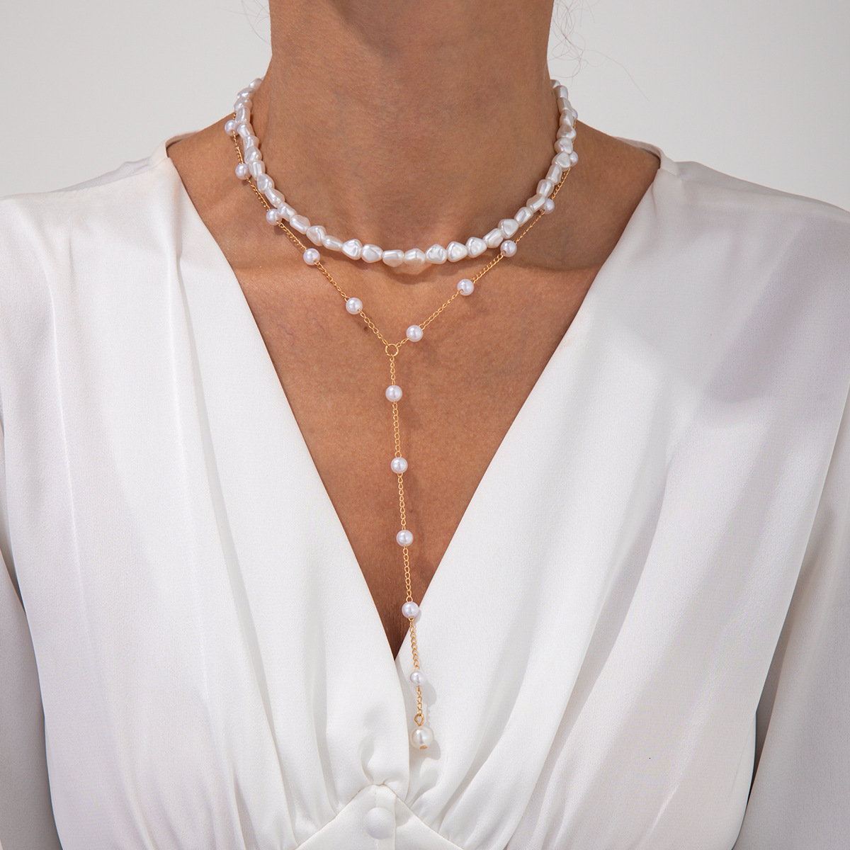 Minimalist Elegant Pearl Y-shaped Tassel for Women Business Party Multi-layer Choker Necklace