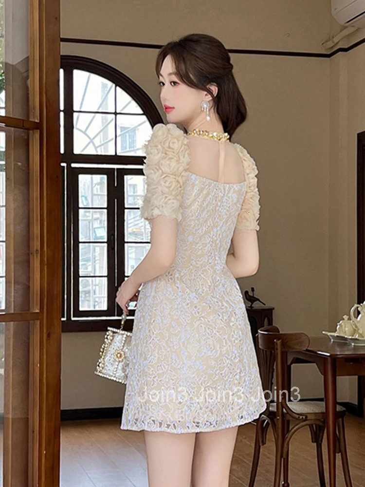 Elegant Luxury Sweet Lace Evening Dress Women Clothes New Summer Floral Puff Sleeve Slim Mini Short Party Prom Vestidos Fiesta
